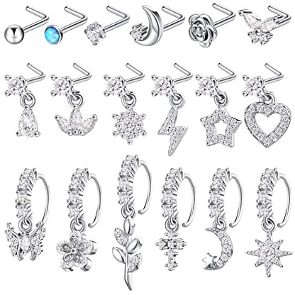 18 Pcs Dangle Nose Ring L Shaped Dangling Nose Stud Nose Ring Hoop Indian Nose Piercing Jewelry with Charm - color: Silver