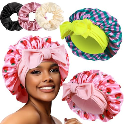 2+3 Large Satin Bonnets with Scrunchies for Women, Hair Bonnet Sleeping Tie Bonnet for Braids Curly Hair - color: K - Strawberry Pink, Stripes