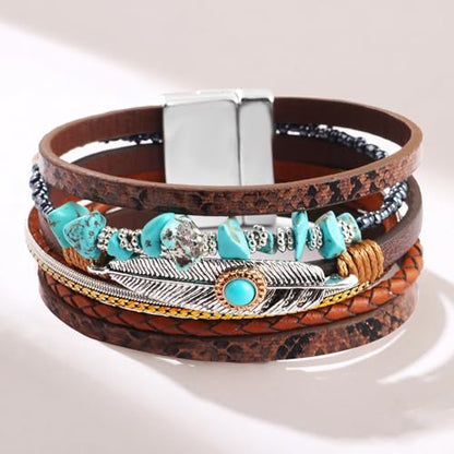 Fesciory Leather Wrap Bracelet for Women, Boho Western Layered Cuff Jewelry | Stackable Bracelets, Easy-On Clasp, Daily Wear, Pairs with Boho Western Outfits, Gift for Women - color: Brown2
