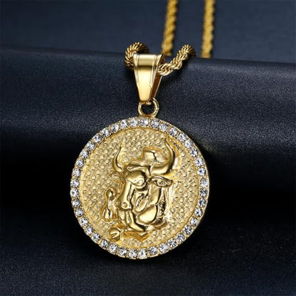 HIJONES Men's Women's Stainless Steel Zodiac Coin Embossed Necklace CZ Astrology Horoscope Pendant Necklace - color: Gold Taurus
