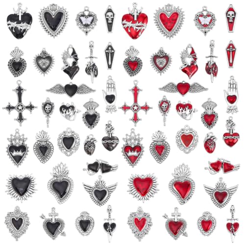 PH PandaHall 56pcs 2 Colors Alloy Enamel Gothic Charms Pendants Bulk Black Skull Cross Beads Goth Halloween Charms for DIY Jewelry Making Alternative Aesthetic Keychain Bracelet Craft Projects