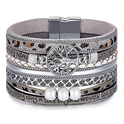 Desimtion Inspirational Tree of Life Boho Leather Wrap Bangle Bracelets for Women, Teen Girl Gifts Trendy Stuff, Fashion Accessories Jewelry Gifts for Women Girls - color: Cheetah