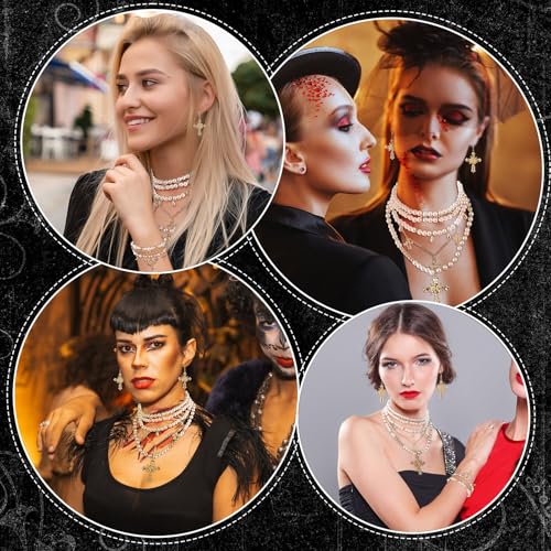 Tondiamo 3 Pcs Gothic Jewelry Set Cross Necklace for Women Goth Earrings Bracelet Layered Y2k Choker Costume Accessory - color: Golden, style: Pearl Style