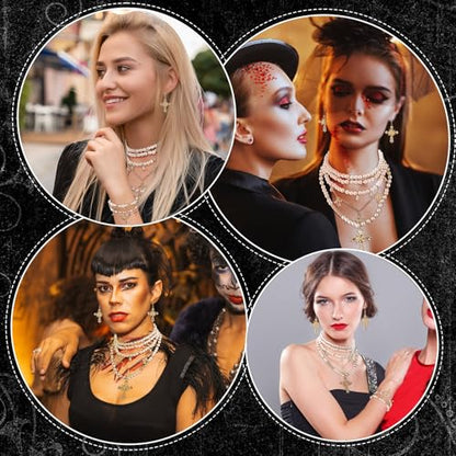 Tondiamo 3 Pcs Gothic Jewelry Set Cross Necklace for Women Goth Earrings Bracelet Layered Y2k Choker Costume Accessory - color: Golden, style: Pearl Style