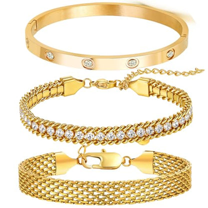 18K Gold Plated Bangle Bracelet Set for women,Cubic Zirconia Classic Stainless Steel Adjustable Gold Tennis Love Bracelets Stack for women and men - color: CZ and Wristband Set