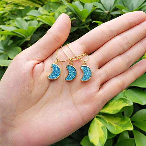 Adabele Natural Druzy Necklace Small Tiny Moon Gemstone Pendant 18 inch Sparkly Agate Stone Crystal Women Jewelry Tarnish Resistant Stainless Steel/Gold Plated Chain - color: Aquamarine blue druzy - gold plated