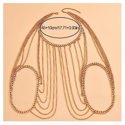 Summer Beach Harness Chest Body Chain Multi Layered Tassel Shoulder Body Chain Necklace Bikini Shoulder Arm Chain Bridal Wedding Backdrop Necklace Back Chain Jewelry for Women (Tassel)