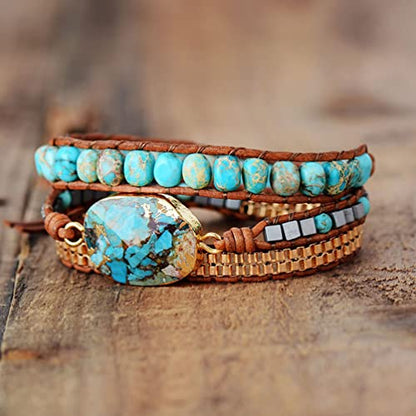 Women Wrap Bracelets Boho Natural Stone Jasper Turquoises Strand Bracelet Jewelry Collection - color: Gold Turquoise