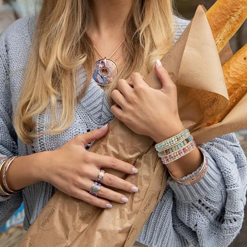 JR.DM Boho Beaded Bracelets for Women - Handmade Adjustable Crystal Natural Stone Bead Wrap Bracelets, Bohemian Jewelry Braided for Unique Birthday Gifts - color: A3 Khaki Natural Stone