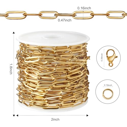 16.4 FT Gold PVD Plated Chains for Jewelry Making 4MM Paperclip Chain Link | Stainless Steel Gold Chain Bulk with Lobster Clasps Jump Rings for Women Men Necklace Making Supplies - color: Gold-5
