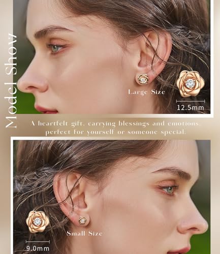 Gold Plated Sterling Silver Rose Flower Earring Studs, Hypoallergenic & Nickel Free Earrings for Women - color: Rose Gold Plated Silver, size: 9.0 Millimeters