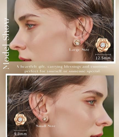 Gold Plated Sterling Silver Rose Flower Earring Studs, Hypoallergenic & Nickel Free Earrings for Women - color: Rose Gold Plated Silver, size: 9.0 Millimeters