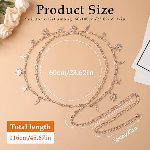 Double Layer Metal Chain Belt, Moon Star Waist Chain Fashion Link Belt Skinny Dress Waist Chain Belt For Women - color: Gold
