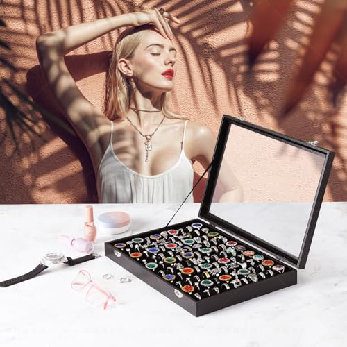Pangkeep Ring Organizer Display Case,Black Jewelry Storage Tray Boxes for Multiple Rings,Glass Lid,Stackable. (100 Slots) - size: 100 Slots