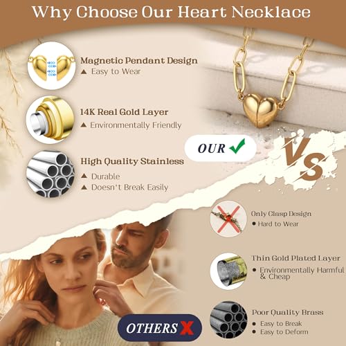 Magnetic Heart Necklaces for Women : 14K Gold Plated 316L Surgical Stainless Steel Heart Necklace Dainty Adjustable Paperclip Chain Pendant Necklace Jewelry Gifts Trendy Non Tarnish - color: Gold