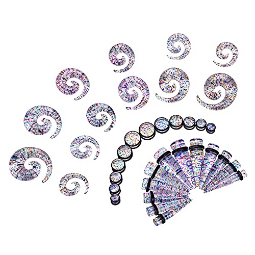 Qmcandy 00G-20mm Ear Stretching Kit 36PCS Big Gauge Taper Kit Large Acrylic Tunnel Plug Spiral Set - color: 36pcs, Glitter Rainbow