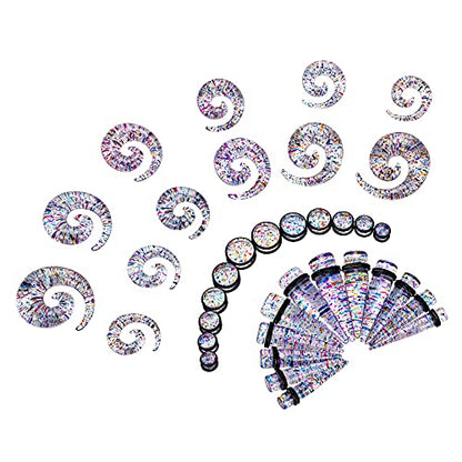 Qmcandy 00G-20mm Ear Stretching Kit 36PCS Big Gauge Taper Kit Large Acrylic Tunnel Plug Spiral Set - color: 36pcs, Glitter Rainbow
