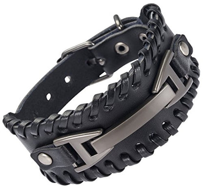 Leather Bracelet for Men Braided Stainless Steel Mens Bracelets - color: Black 1
