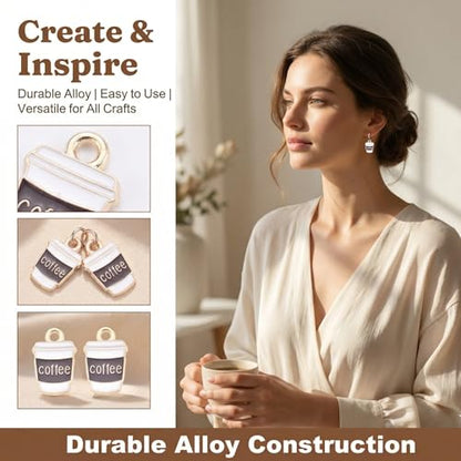 50Pcs Coffee Charms for Jewelry Making Enamel Golden Mini Coffee Cup Charms Dangle Beads Charm for DIY Craft Accessories Cup for Bracelets Necklaces and Earrings