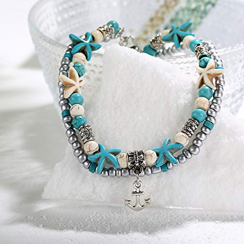 Softones Blue Starfish Turtle Anklet Multilayer Charm Beads Sea Handmade Boho Anklet Foot Jewelry for Women - style: O:Boat Anchor