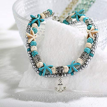 Softones Blue Starfish Turtle Anklet Multilayer Charm Beads Sea Handmade Boho Anklet Foot Jewelry for Women - style: O:Boat Anchor