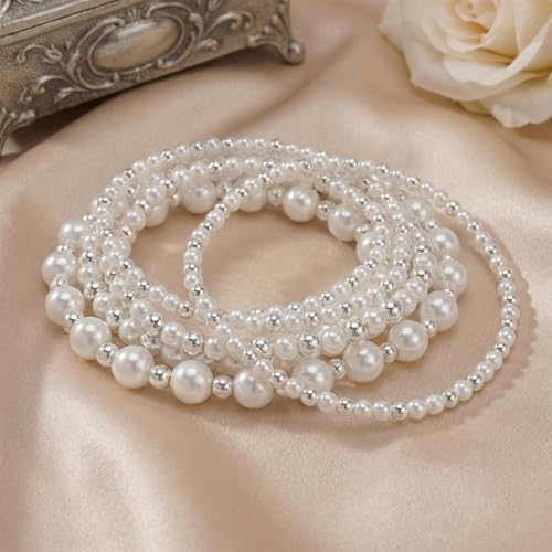 14K Gold Plated Beaded Bracelets Stack Set for Women,Stretch Boho Ball Jewelry Friendship Trendy - color: Silver pearl