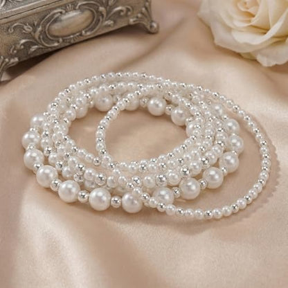 14K Gold Plated Beaded Bracelets Stack Set for Women,Stretch Boho Ball Jewelry Friendship Trendy - color: Silver pearl
