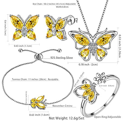 Aurora Tears Butterfly Jewelry,Women 925 Sterling Silver Butterflies Birthstone Pendant Necklace/Earrings/Rings Wedding Gift - color: K.November-set 3