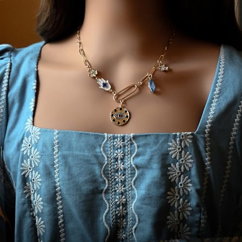 ORIGENCE Sun Heart Necklace for Women 18K Gold Plated Heart Pendant Necklace Chunky Chain Choker Necklaces Hip Hop Charm Necklaces Trendy Unisex Jewelry - style: 5Charm-Gold
