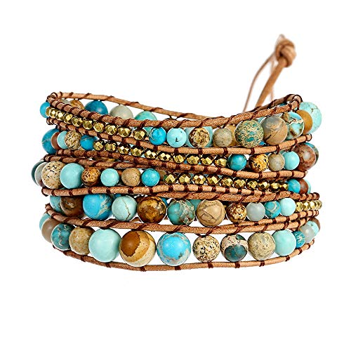 Plumiss Women Boho Handmade Natural Stone Crystal Leather Bead Wrap Bracelets Collection - style: Turquoie Jasper 5W