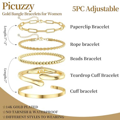 14K Gold Plated Stackable Bangle Bracelets Set for Women | Cuff Bracelet Stackable Bangles Bracelet for Women Trendy Fashion Accessories Tie Knot Cuban Rope Paperclip Beaded Bracelets - color: 5-layer E GD