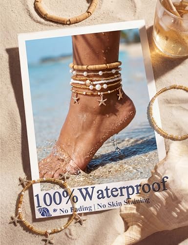 JeryWe 6Pcs Ankle Bracelets for Women - Waterproof Beaded Anklet Bracelet Set, Layered Boho Starfish Seashell Beach Jewelry, Handmade Summer Elastic Anklet - style: Brown-Starfish