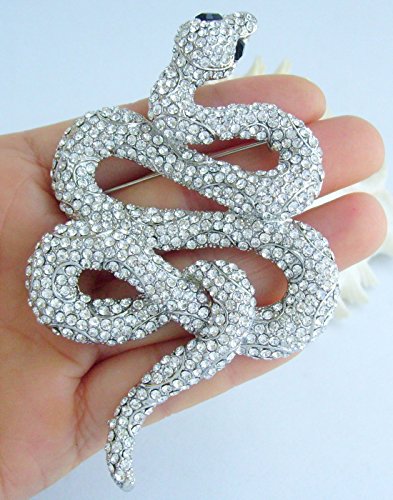 Classic 3.94" Unique Animal Snake Brooch Pin Pendant Austrian Crystal BZ5847 - color: Silver-Tone Clear