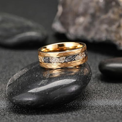 Mens Tungsten Carbide Wedding Bands 8mm Black Hammered Edge Gold Foil Inly Durable Scratch Proof Stainless Steel Cool Promise Ring for Him Comfort Fit - color: Gold-8mm