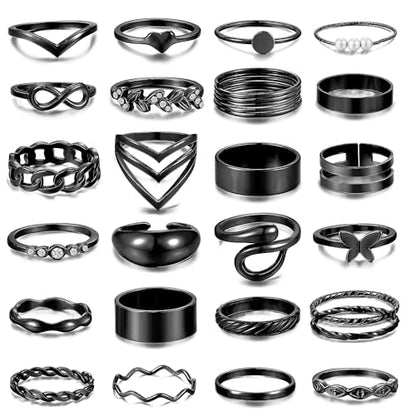 iF YOU 25 Pcs Gold Stackable Ring Set for Women, Chunky Knuckle Finger Midi Rings, Silver Simple Stacking Cute Rings Pack Trendy Stuff Jewelry Gift - style: 25 Black chunky rings