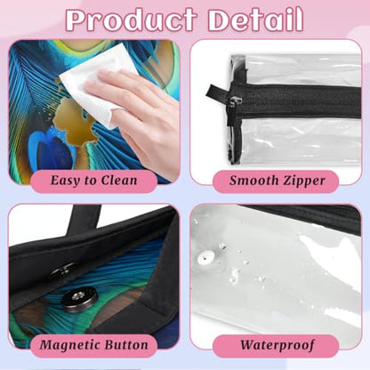 Blue Peacock Feathers Hanging Roll Up Cosmetic Bag with 4 Removable Storage Bags Waterproof Foldable Toiletry Kit for Women - color: Multicolor 5