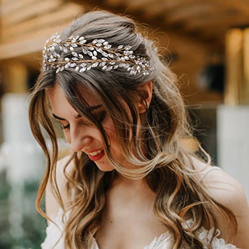 Oriamour Bridal Crystal Headbands Double Layer Wedding Headdress Gold Wedding Headpieces For Women (Gold) - color: Gold