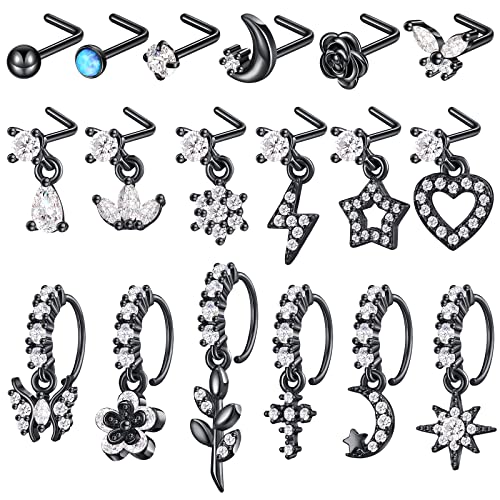 18 Pcs Dangle Nose Ring L Shaped Dangling Nose Stud Nose Ring Hoop Indian Nose Piercing Jewelry with Charm - color: Black