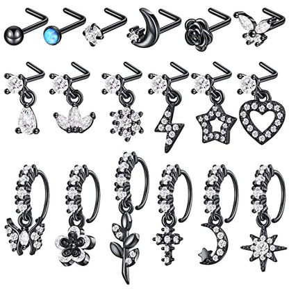 18 Pcs Dangle Nose Ring L Shaped Dangling Nose Stud Nose Ring Hoop Indian Nose Piercing Jewelry with Charm - color: Black