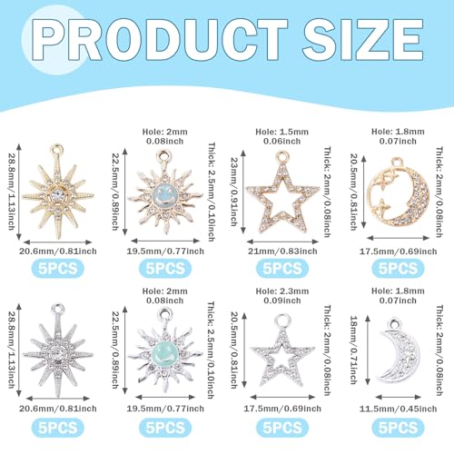 40Pcs Alloy Rhinestone Charms for Jewelry Making, Cute Moon Star Alloy Charm Metal Celestial Rhinestone Dangle Pendants for DIY Necklace Bracelet Earring Jewelry Making Crafts - color: Mixed Colors