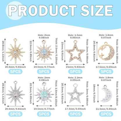 40Pcs Alloy Rhinestone Charms for Jewelry Making, Cute Moon Star Alloy Charm Metal Celestial Rhinestone Dangle Pendants for DIY Necklace Bracelet Earring Jewelry Making Crafts - color: Mixed Colors