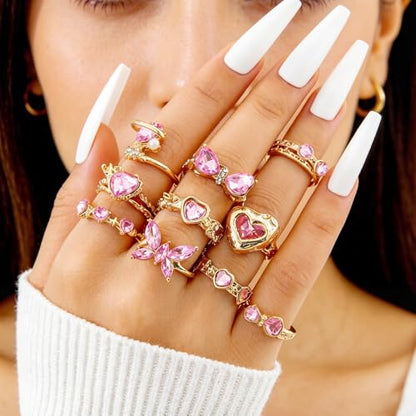 10pcs Sparkly Crystal Love Heart Ring Set for Women Adjustable Bowknot Butterfly Finger Ring Stackable Pink Rhinestone Heart Open Ring Jewelry Gifts - color: Gold