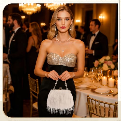 Liliaafar 4 Pcs Evening Clutch Purse with Pearl Jewelry Sets,Clutch Bag Pearl Earrings Necklace Bracelet for Wedding Party - color: White, style: Fluffy Feather