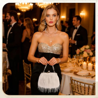 Liliaafar 4 Pcs Evening Clutch Purse with Pearl Jewelry Sets,Clutch Bag Pearl Earrings Necklace Bracelet for Wedding Party - color: White, style: Fluffy Feather