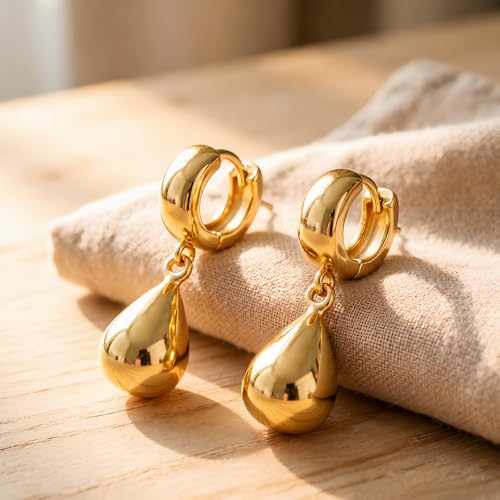 14K Gold Plated Chunky Huggie Hoop Earrings, Plump Teardrop Dangle Drop Earrings Elegant Statement Jewelry for Women - color: teardrop-short/gold