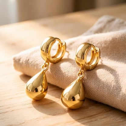 14K Gold Plated Chunky Huggie Hoop Earrings, Plump Teardrop Dangle Drop Earrings Elegant Statement Jewelry for Women - color: teardrop-short/gold