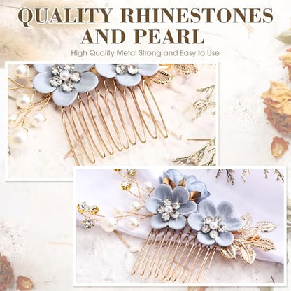 5 Pieces Wedding Hair Comb Bridal Hair Pins Crystal Pearl Accessories Rhinestone Flower Piece for Wedding Bride Women(Light Blue,Fresh Style)