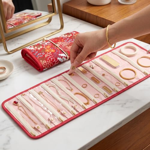 Embroidery Jewelry Roll Organizer Travel Jewelry Storage Roll Case Foldable Small Jewelry Pouch Jewelry Roll up Bag for Journey Rings, Necklaces, Earrings, Bracelets (Red) - color: Red