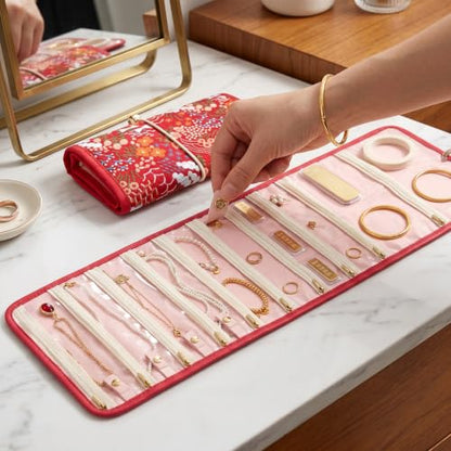 Embroidery Jewelry Roll Organizer Travel Jewelry Storage Roll Case Foldable Small Jewelry Pouch Jewelry Roll up Bag for Journey Rings, Necklaces, Earrings, Bracelets (Red) - color: Red