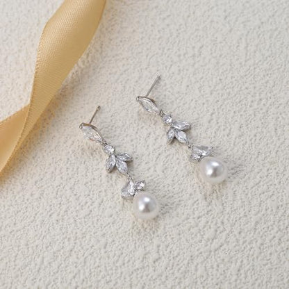 Crysdue Simulated Pearl Earrings for Women, Dainty Silver/Gold/Rose Gold Plated Cubic Zirconia Drop Dangle Earrings Wedding Jewelry for Bride Bridesmaid - style: K_CZ+ pearl, Silver